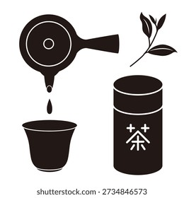 A simple monochrome Japanese-style set comprising a teacup, teapot and tea caddy, for green tea