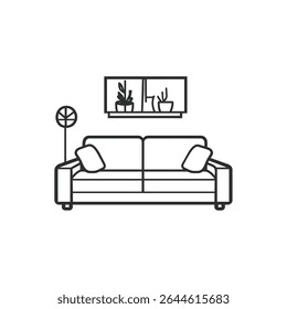 Simple monochrome line art depicts a couch with throw pillows beneath a shelf adorned with potted plants and a minimalist floor lamp, set against a transparent backdrop.
