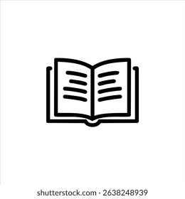 A simple monochrome line art of an open book with pages and a visible spine, representing knowledge and reading. Isolated on a white background.