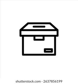 A simple monochrome line art symbol of an archive box with a lid for storing documents. Isolated on a white background.