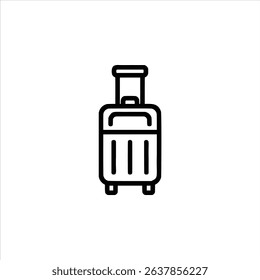 A simple monochrome line art symbol of a wheeled suitcase for travel. Isolated on a white background.