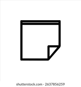 A simple monochrome line art symbol of a sticky note with a peeled corner. Isolated on a white background.