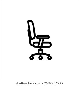 A simple monochrome line art symbol of an office chair with wheels. Isolated on a white background.