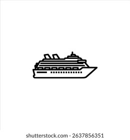 A simple monochrome line art symbol of a cruise ship. Isolated on a white background.