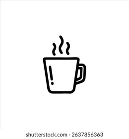 A simple monochrome line art symbol of a coffee mug with steam. Isolated on a white background.