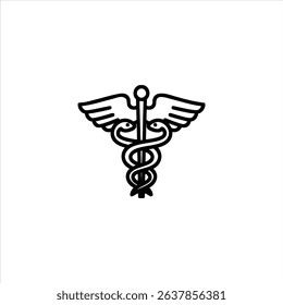 A simple monochrome line art symbol of a caduceus medical emblem. Isolated on a white background.