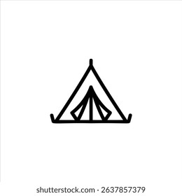 A simple monochrome line art symbol of a camping tent. Isolated on a white background.