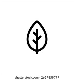 A simple monochrome line art symbol of a veined leaf. Isolated on a white background.