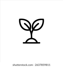 A simple monochrome line art symbol of a plant sprout with two leaves. Isolated on a white background.