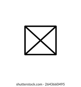 A simple monochrome line art symbol of a wireframe placeholder box with a diagonal cross. Isolated on a white background.