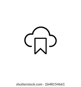 A simple monochrome line art symbol of a stylized cloud with an attached bookmark shape, isolated on a white background.