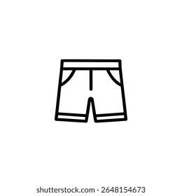 A simple monochrome line art symbol of short pants or shorts with pockets and a slight waist curve, isolated on a white background.