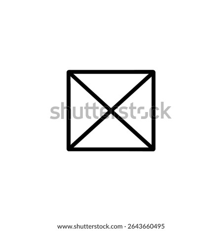 A simple monochrome line art symbol of a wireframe placeholder box with a diagonal cross. Isolated on a white background.