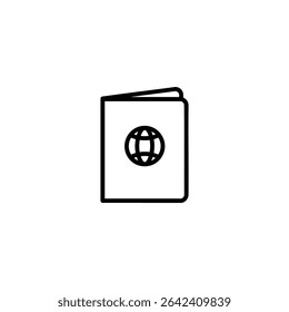 Dibujo de línea monocromo simple de un folleto de pasaporte cerrado con un Pequeño emblema de cubierta. Diseño de Vector minimalista para viajes o temas de ciudadanía, aislado en blanco, paquete de iconos listo.