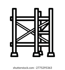 A simple, monochrome line drawing depicts a scaffolding structure, featuring vertical supports and horizontal crossbeams with diagonal bracing for stability.