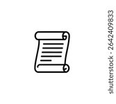 Simple monochrome line drawing of a parchment scroll with curled edges, representing historical documents or declarations. Minimalist vector design, isolated on white, for an icon pack.