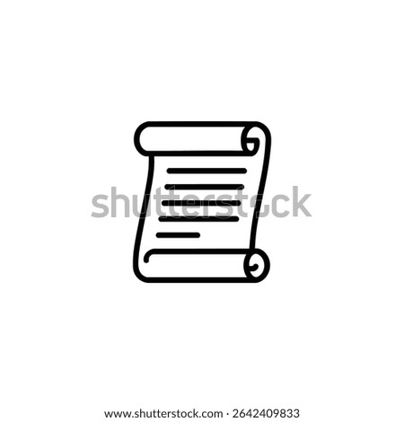 Simple monochrome line drawing of a parchment scroll with curled edges, representing historical documents or declarations. Minimalist vector design, isolated on white, for an icon pack.