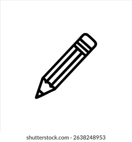 A simple monochrome line drawing of a sharpened pencil with a graphite tip and eraser. Represents writing, drawing, and education. Isolated on white.