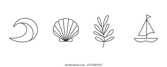 Un simple dibujo de línea monocromo muestra Elementos náuticos y naturales como una luna, una concha y un velero.