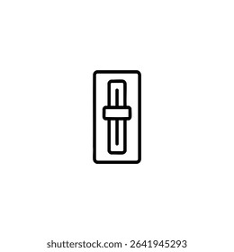 Simple monochrome line icon of an audio mixing board fader with a vertical slot and knob. Isolated on a white background.