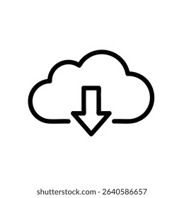 Simple monochrome line icon of a cloud with a downward arrow, representing data download from cloud services.