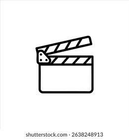A simple monochrome line icon of a movie clapperboard. Represents filmmaking, movie production, and scene takes. Isolated on a white background.