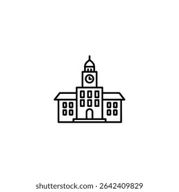 Ilustração monocromática simples de uma fachada da prefeitura com uma torre de relógio proeminente. Design vetorial minimalista para temas cívicos ou municipais, isolado em branco, ícone de pacote pronto.