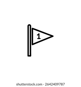 Simple monochrome line illustration of a first-place triangular pennant on a pole. Minimalist vector design symbolizing victory or top achievement, isolated on white.