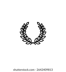 Simple monochrome line illustration of a laurel wreath, symbolizing victory, honor, or achievement. Minimalist vector design, isolated on white, for an awards icon series.