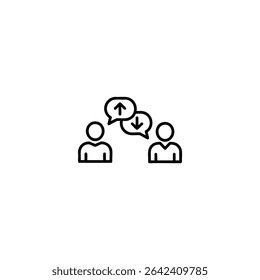 Ilustração de linha monocromática simples de duas bolhas de fala opostas, representando debate, discussão ou diálogo. Design vetorial minimalista, isolado em branco, para um pacote de ícones.