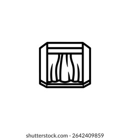 Ilustración de línea monocromática simple de una cabina de votación con una cortina, que representa la privacidad en las elecciones. Diseño de Vector minimalista, aislado en blanco, para un paquete de iconos.
