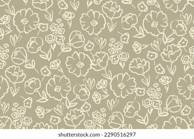 simple monochrome outline flowers drawn with paint seamless pattern