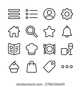 Simple monochrome outline icons representing business industry and lifestyle concepts including target office team meeting mobile cart growth analytics goal and idea on a clean grid