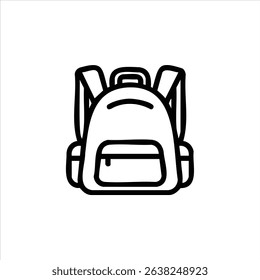 A simple monochrome outline of a school backpack with shoulder straps. Represents school, travel, and carrying supplies. Isolated on a white background.