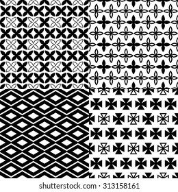 Simple monochrome patterns. Black-and-white. Set of geometric seamless