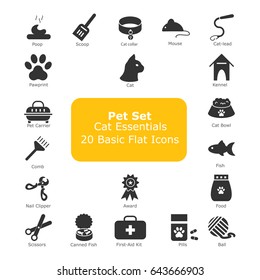 Simple monochrome pictograms of cat essentials. Set of pet icons in basic flat style. Perfect symbols for web site design and mobile apps.