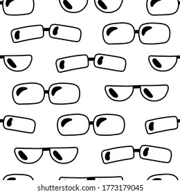 Simple monochrome seamless pattern. Black glasses on a white background. Isolated objects for design. Doodle style.