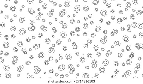 Ein einfaches, einfarbiges, nahtloses Muster aus zufällig gestreuten, handgezeichneten Kreisen und Blasen in einem chaotischen, skizzenhaften Linien-Kunststil.