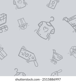Simple monochrome seamless pattern with t-shirt, discount coupon, gift and supermarket trolley. Vector background associated with shopping, promotions, sales for gift paper, print, design.