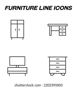 Sencillos signos monocromáticos dibujados con línea delgada negra. Icono de línea de vector con símbolos de armario, tabla, equipo de tv, tocador