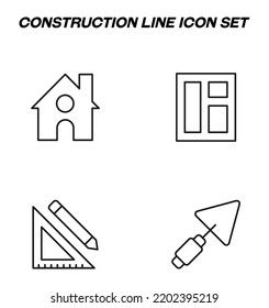 Simple monochrome signs drawn with black thin line. Vector line icon set with symbols of house, window, liner, pencil, spade for repair and renovation 