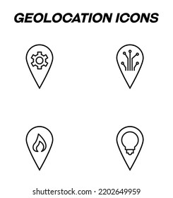 Sencillos signos monocromáticos dibujados con línea delgada negra. Icono de línea del vector con símbolos de engranaje, chip electrónico, ec, fuego, bombilla interior de la geoetiqueta