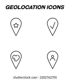 Simple monochrome signs drawn with black thin line. Vector line icon set with symbols of star, checkmark, heart, user inside of geotag 