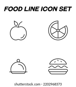 Simple monochrome signs drawn with black thin line. Vector line icon set with symbols of apple, orange, bowl with cloche, hamburger