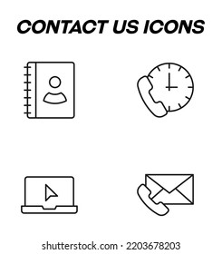 Simple monochrome signs drawn with black thin line. Vector line icon set with symbols of phone book, cellphone, laptop, envelope