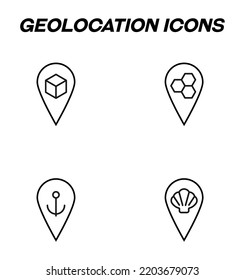 Simple monochrome signs drawn with black thin line. Vector line icon set with symbols of cube, honeycomb, anchor, seashell inside of geotag