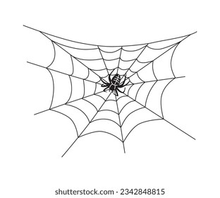 Simple monochrome spider on web isolated on white background. Black and white Halloween holiday element. Vector cartoon flat illustration.