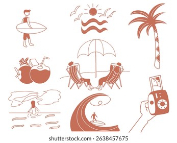 Simple monochrome summer icon set. Holiday beach elements for tropical vacation.  surfboard, summer, photo camera, coconut, surfing, sun, wave, birds, palm tree. Vector flat illustration.