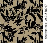 Simple monochrome two-color seamless pattern with flowers silhouette.