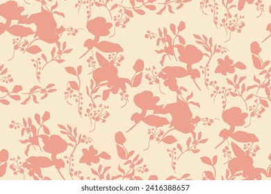 Simple monochrome two-color seamless pattern with flowers silhouette.